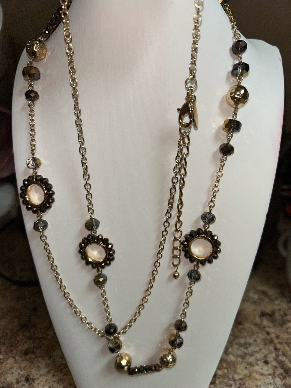 Style & Co NWT Goldtone link long necklace w/Brown crystals and gold beads